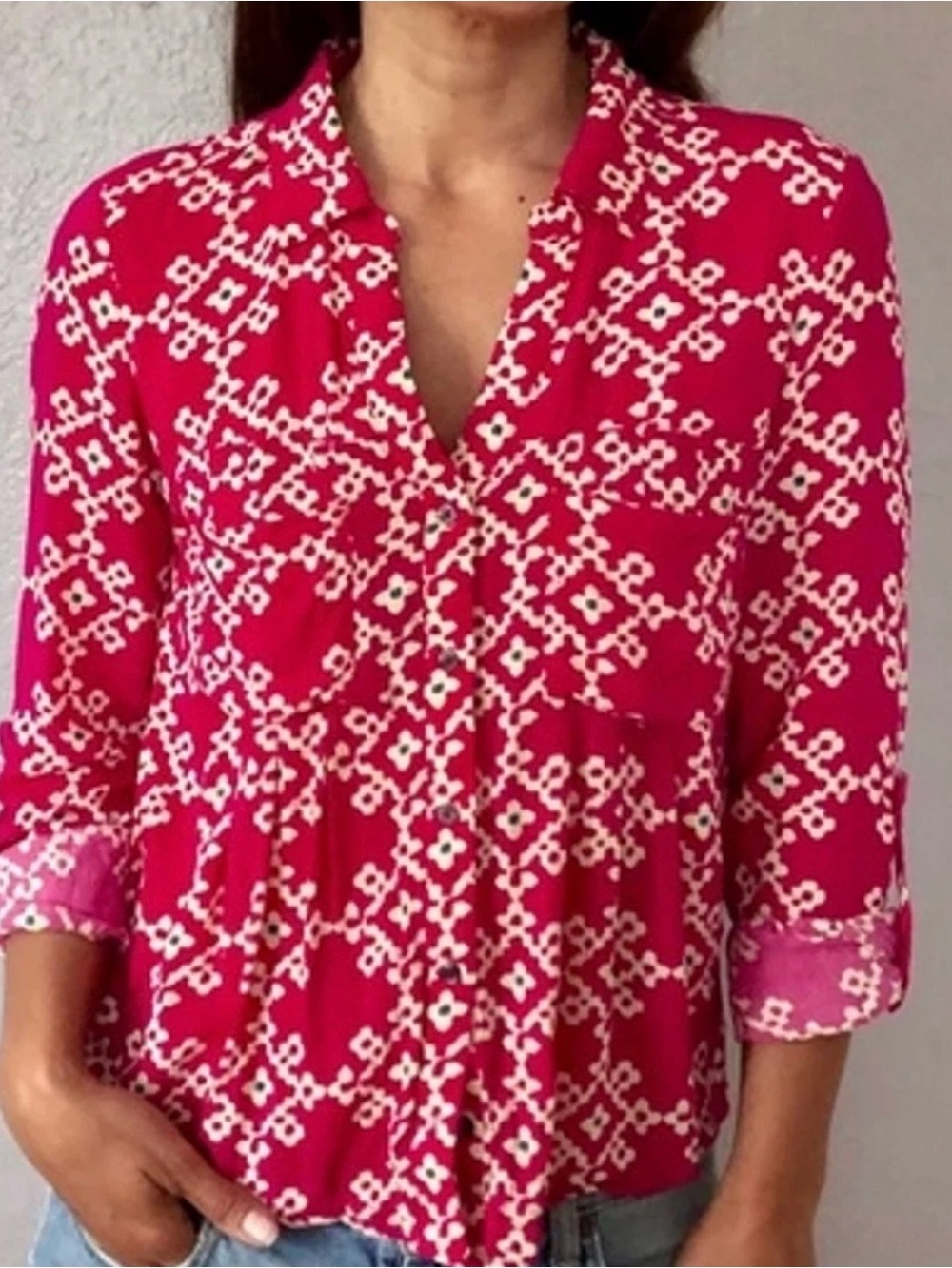 Maeve Pink and Cream Geometric Print Long Sleeve Tunic